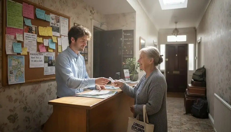 Receptionist greeting guest at lobby desk