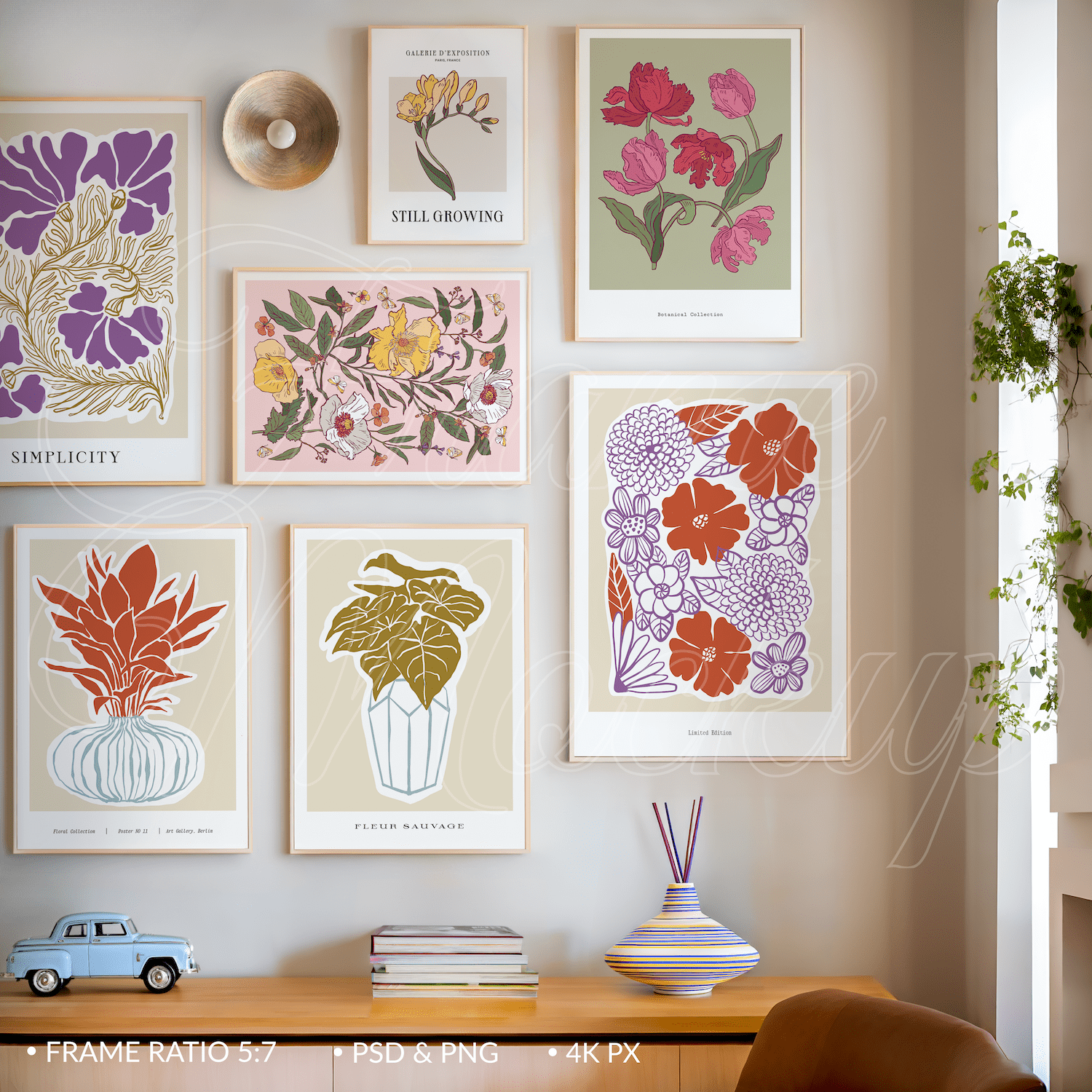 Wooden Frame Mockup for Posters Gallery Wall in minimalistic style Ratio 5x7 with natural lighting.