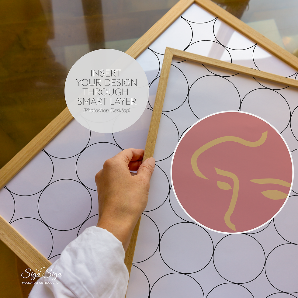 Two wooden frames close-up mockup for posters on the table in minimalistic style with soft natural light with a hand, 300 dpi