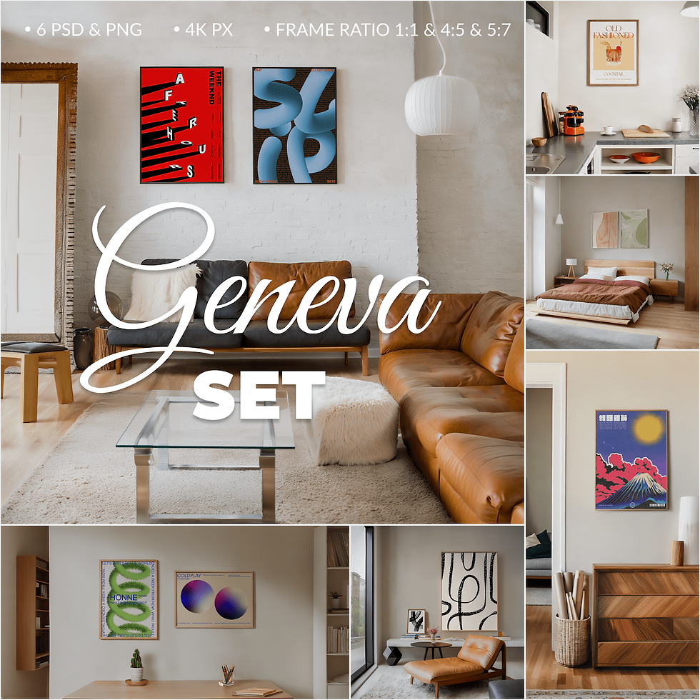 6 psd Frame Mockup for Poster in mid-century interior, soft natural daylight, wooden frames, wooden furniture, table in study