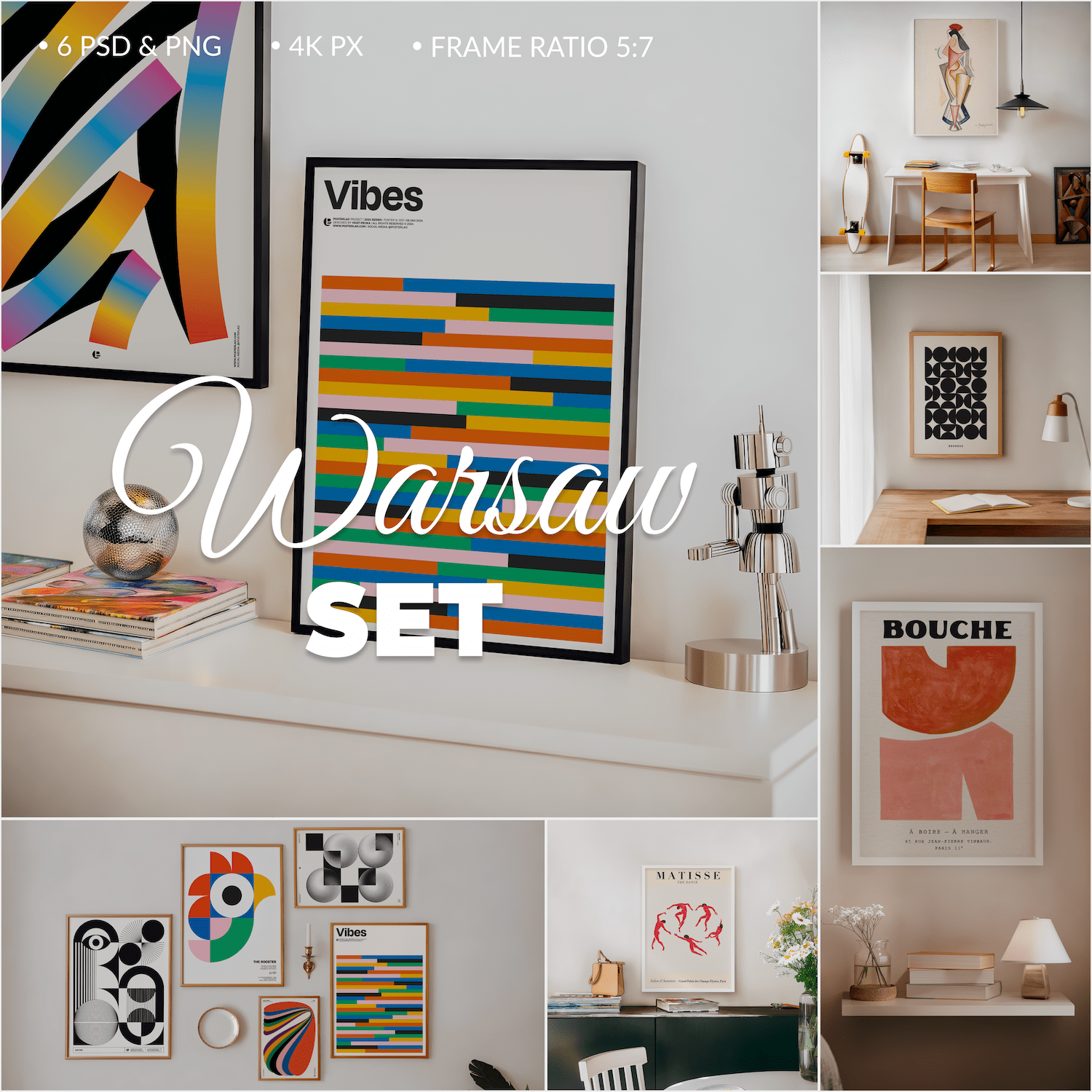 Set of 6 PSD Frame Mockups for poster in contemporary interior style with a soft light and white walls.