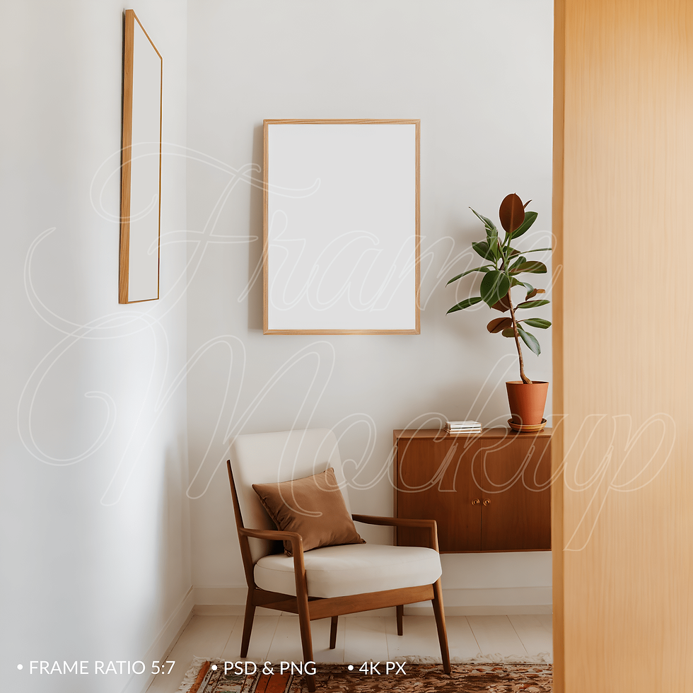 Thumbnail: wooden black frame for poster mockup in mid-century interior with natural light