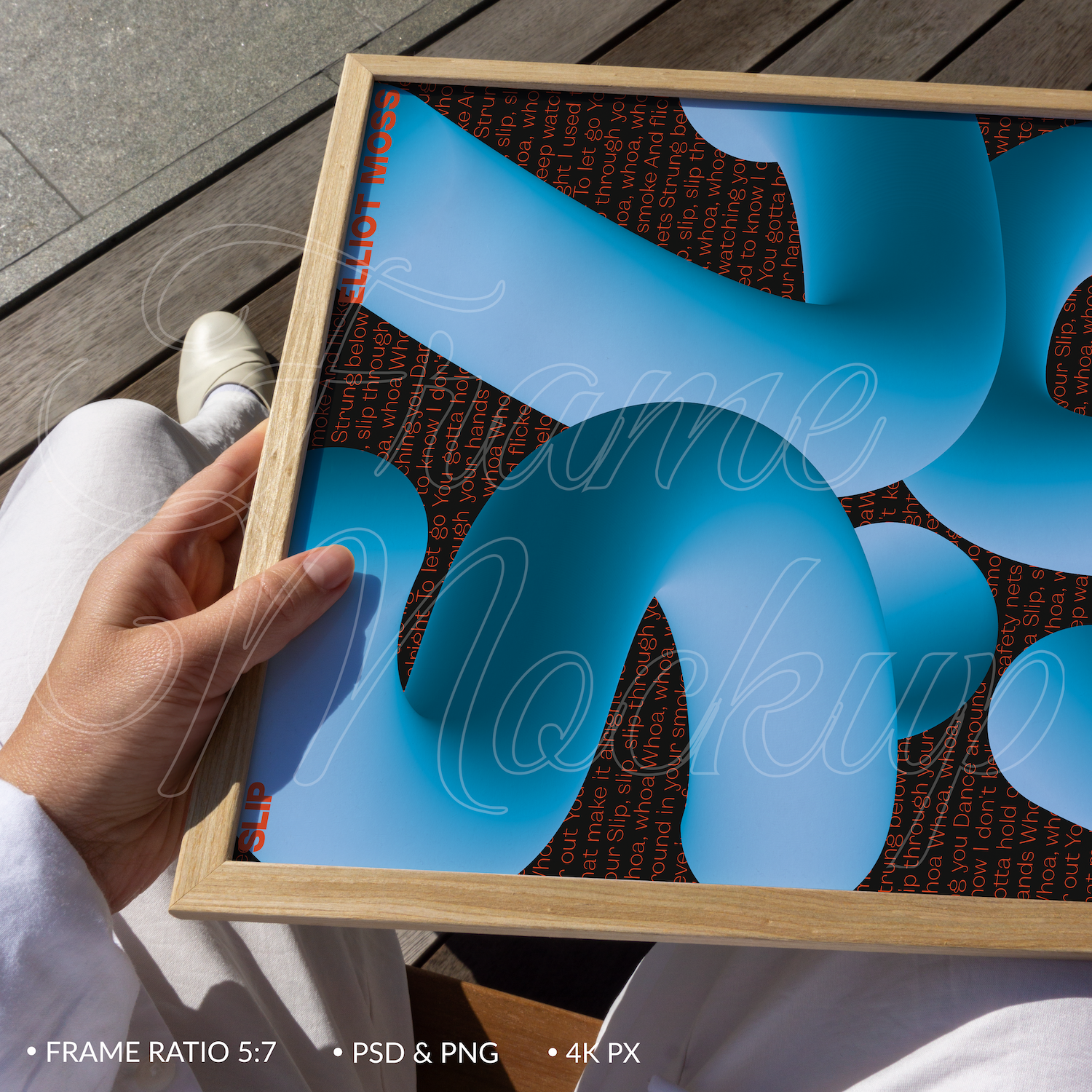 Wooden Frame Close-up Mockup for Poster Ratio 5x7 in hands outdoor bright daylight.