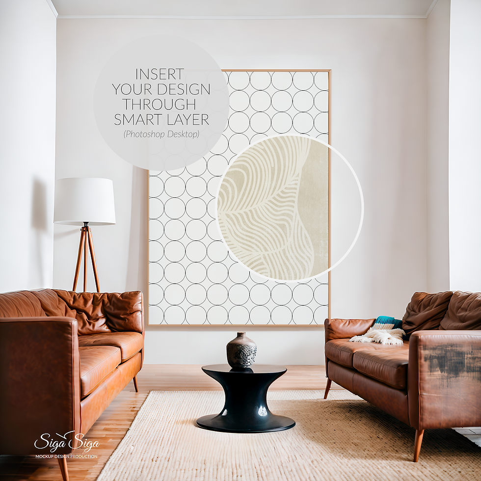 Big Canvas Mockup in a wooden frame 5x7 in a mid-century living room with leather furniture and cold bright light.
