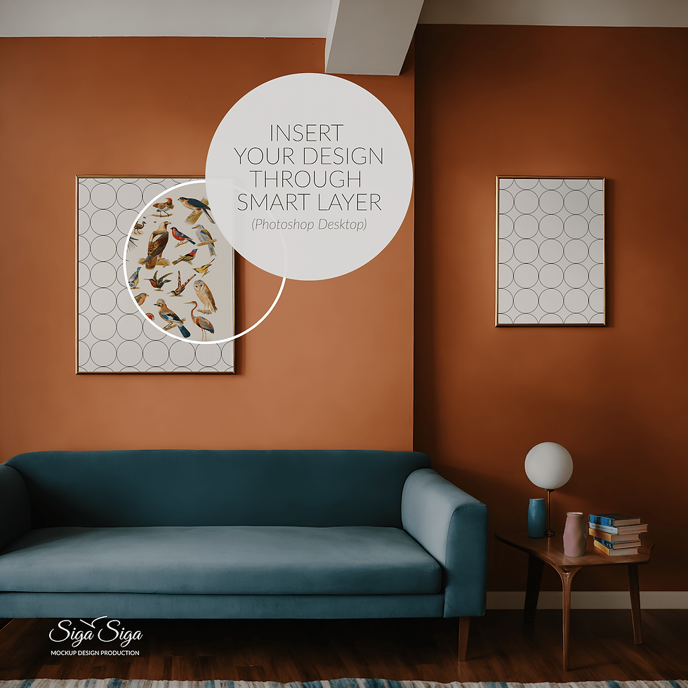 Two thin wooden frames for posters in a stylish living room with a dark wall and soft daylight mockup.