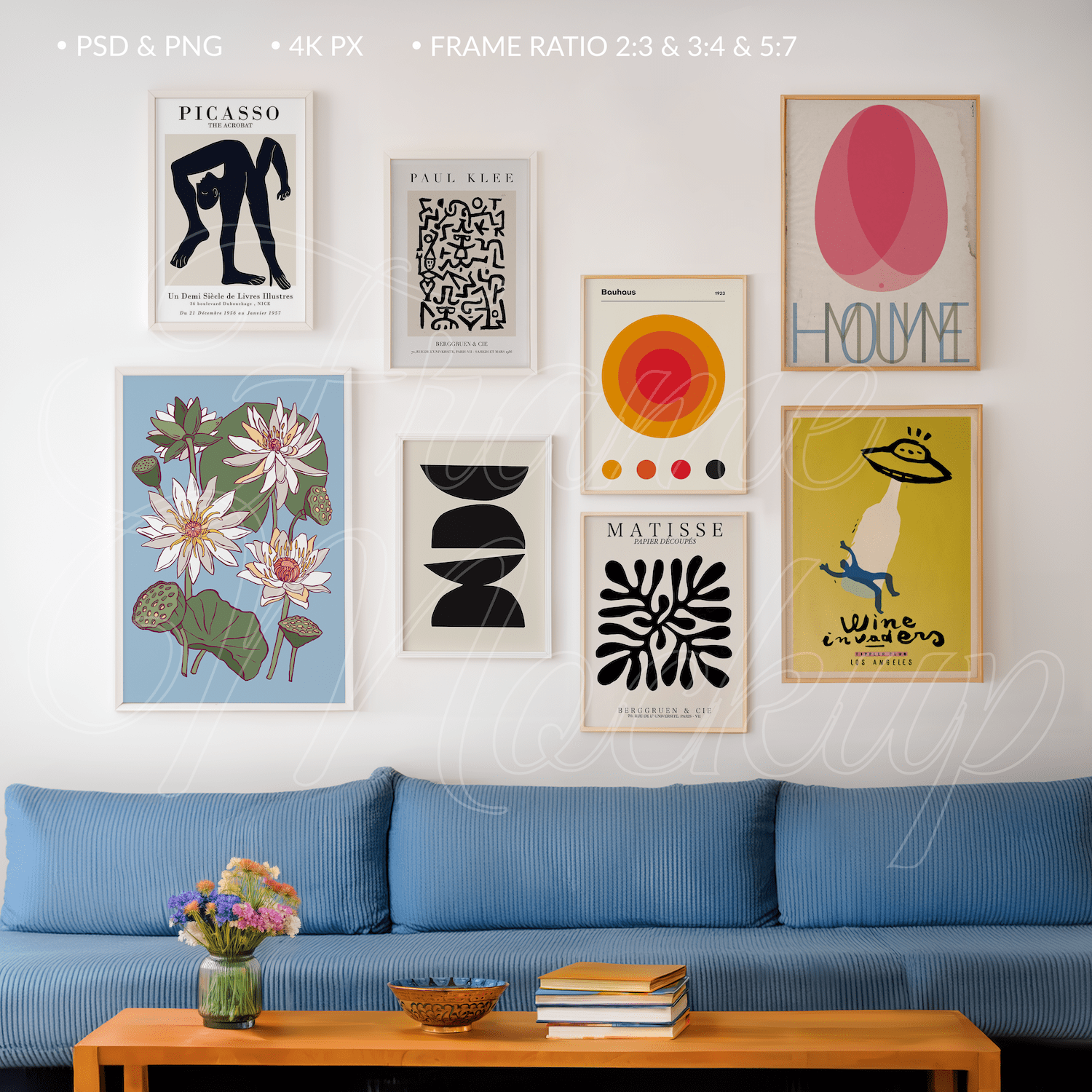 Frame Mockup for Posters Gallery Wall in the contemporary living room with soft natural lighting.