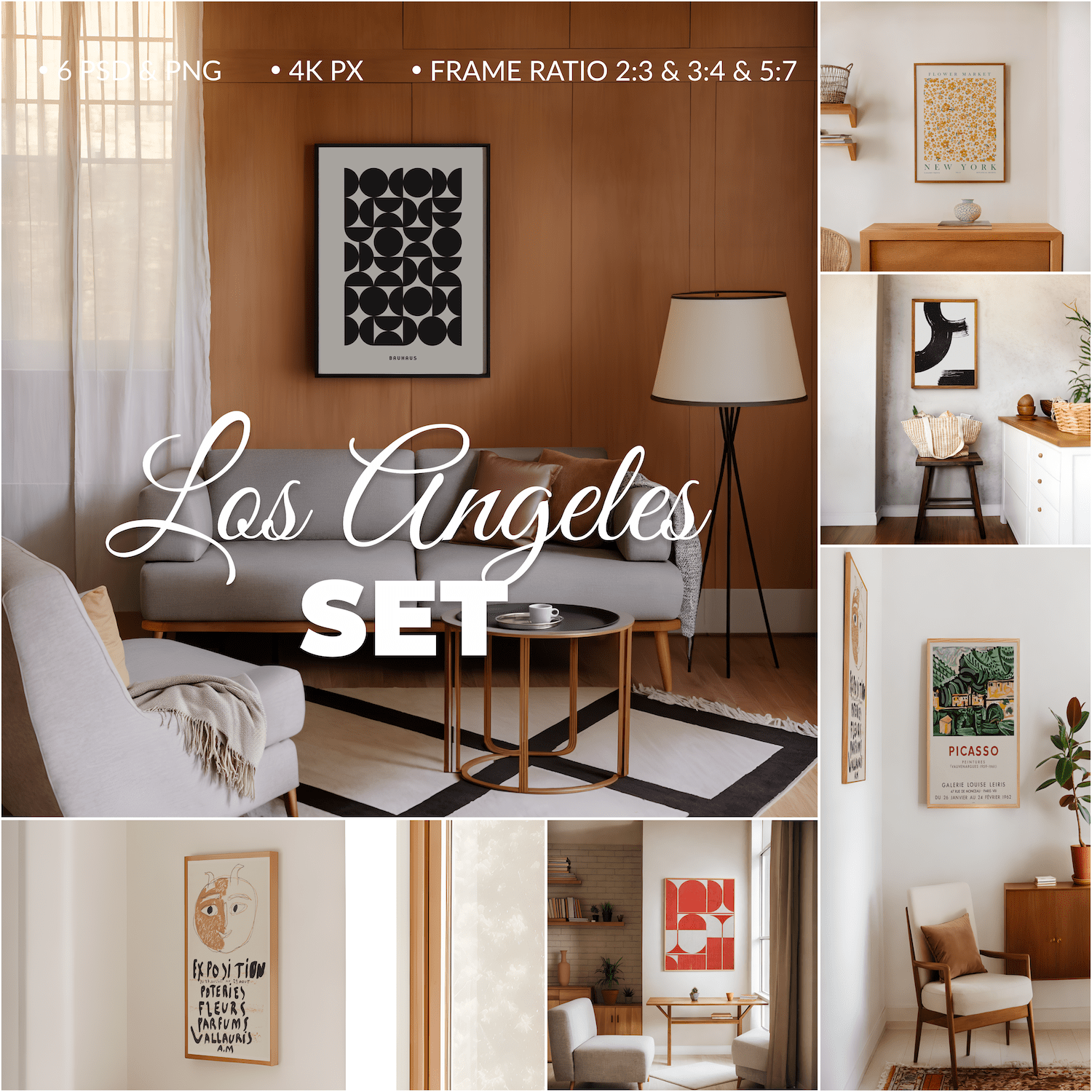 wooden black frame for poster mockup in mid-century interior with natural light