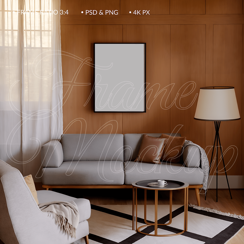 Thumbnail: wooden black frame for poster mockup in mid-century interior with natural light
