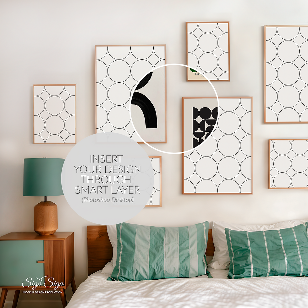 Wooden frame mockup for poster gallery wall in bright bedroom with natural light in mediterranean style.