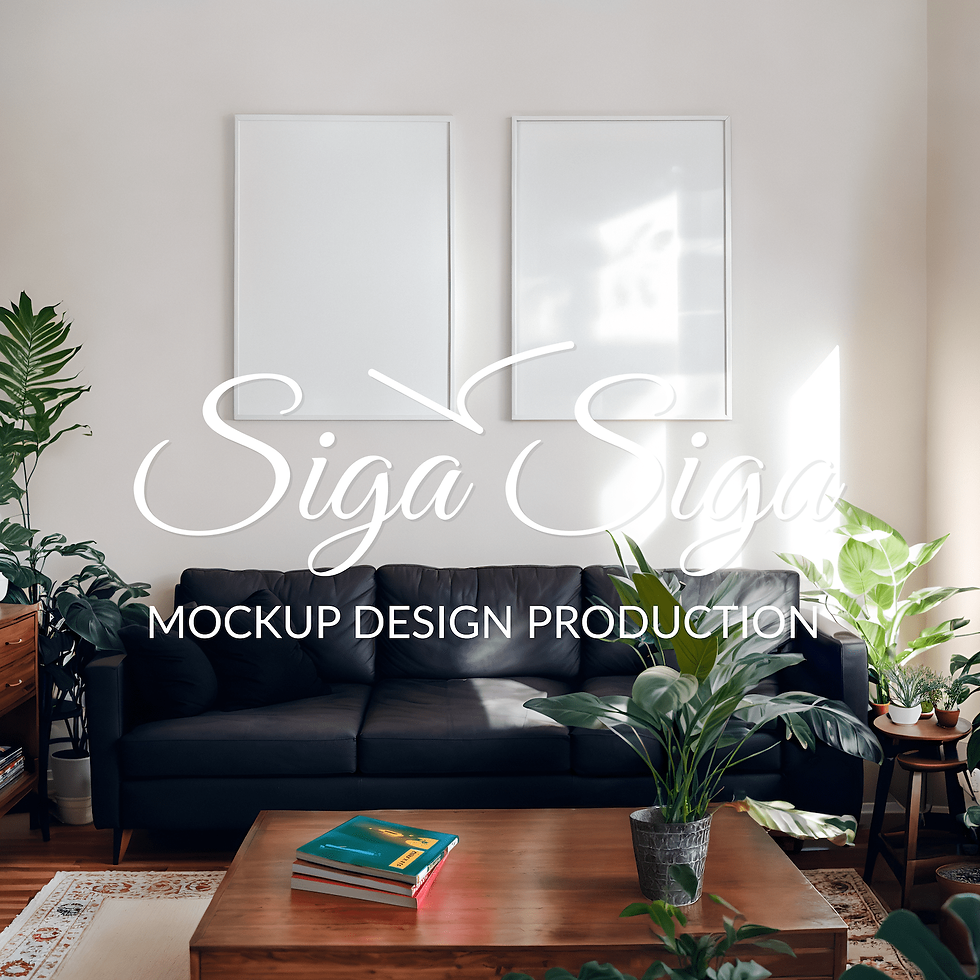 Thumbnail: Two white frames mockup for poster with a 5x7 ratio in a contemporary living room with soft natural light.