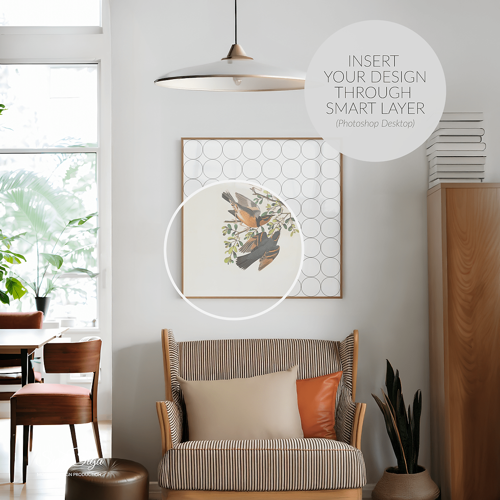 Wooden frame mockup for a square poster with a 1x1 ratio in a contemporary interior with soft natural light.
