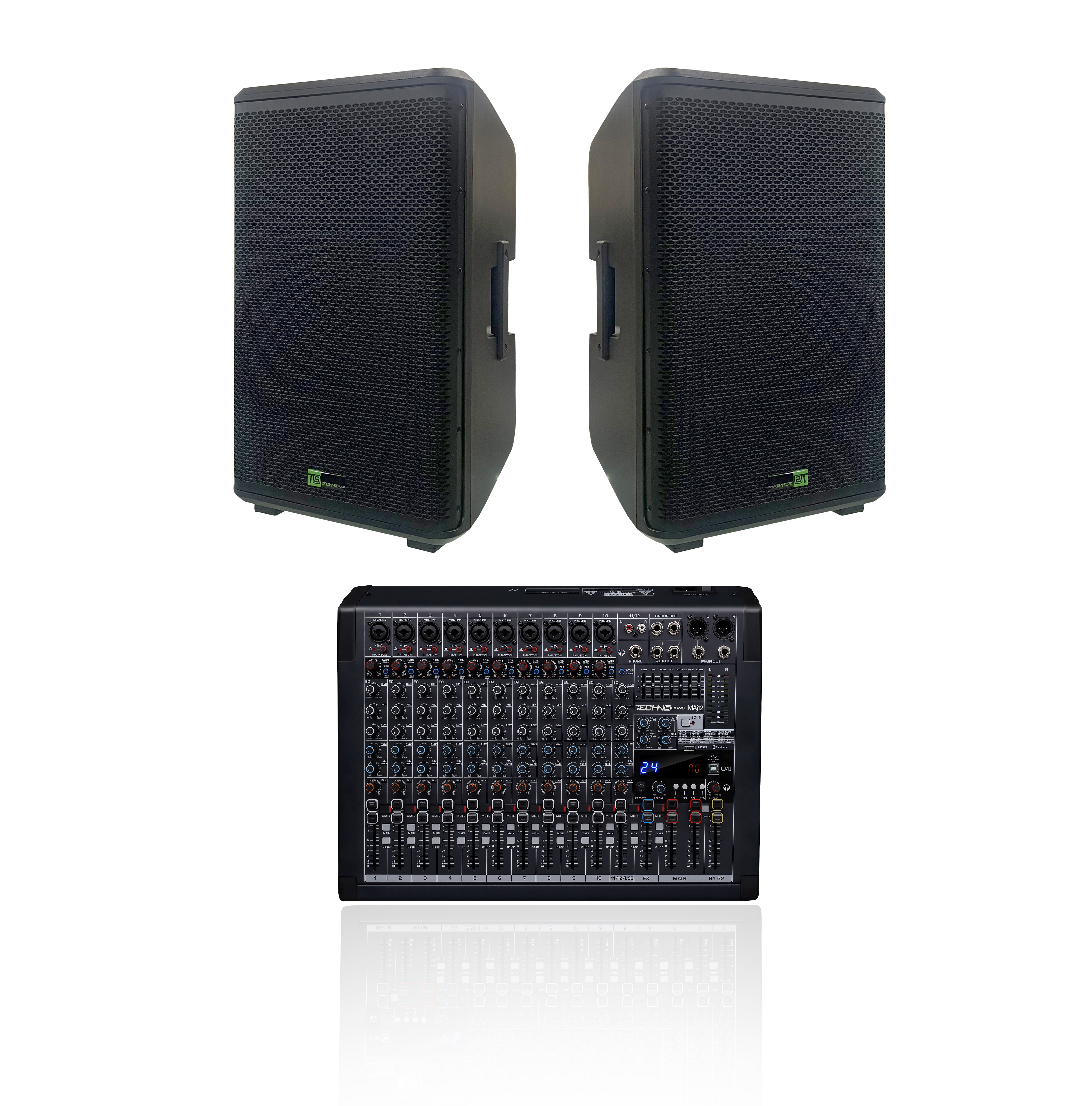 Techno Sound  2 * PLS 115 Passive speaker and Mixer Maj 12 350W