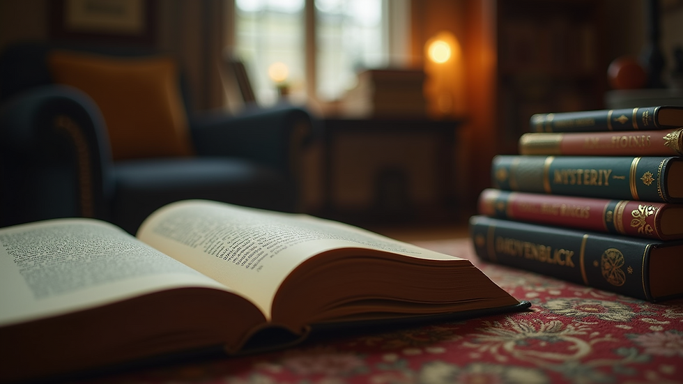 Eye-level view of a cozy reading nook with a stack of mystery novels