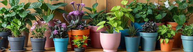 a single row of many different sizes and shapes of flourishing green plants of different s