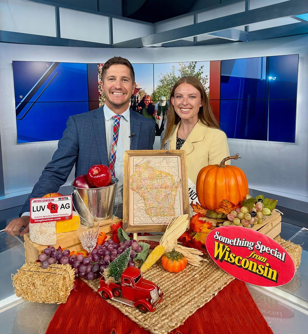 Sarah Hagenow, 78th Alice in Dairyland, promoting agricultural tourism in Wisconsin on TV.