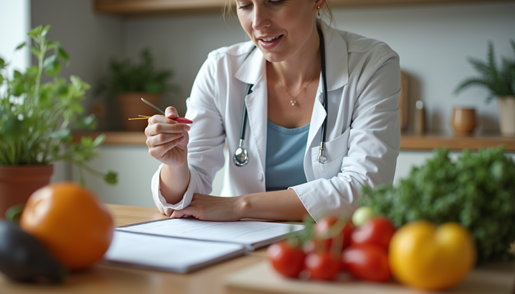 Vista frontal de uma consulta nutricional com foco em anotações e alimentos saudáveis
