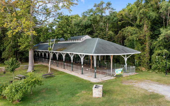 Drone Photo, Aerial Image, Chesapeake Bay, North Point State Park, Historic Trolley Car Pavilion, Michael Tranchitella, AAIC Drones, Maryland Drone Service, Ewing Cole, Trees, Water, Architecture