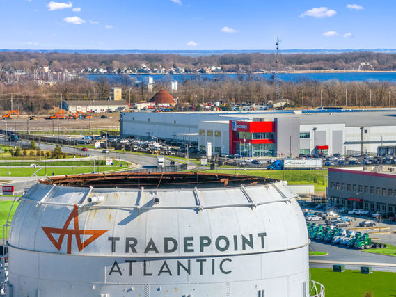 Architectural-Construction Completion- Maryland Drone Service Photo-McCormick's Logistics warehouse and water tower located at Tradepoint Atlantic in Baltimore, MD