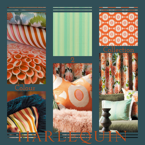 Photo illustrates curtain fabric samples from a new fabric collection called Colour 2 by Harlequin.  The designs highlighted within the photo offer a tranquil palette of naturally elegant colours, to help create calm, peaceful and timeless interior spaces. 