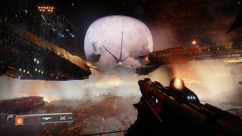 Spaceships hover under a stormy sky with a large moon. A visible weapon in the foreground aims ahead. A city lies beneath, glowing dimly.