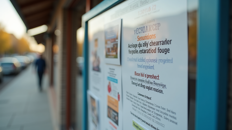 Close-up view of a community bulletin board with flyers and announcements