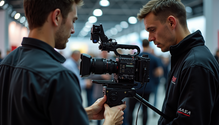 Visão lateral de equipe de filmagem ajustando equipamentos em feira de negócios
