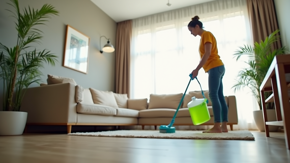 Eye-level view of a professional cleaner using eco-friendly products in a bright living room