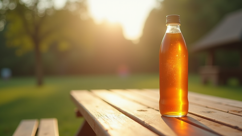 Eye-level view of a colorful water bottle on a picnic table
