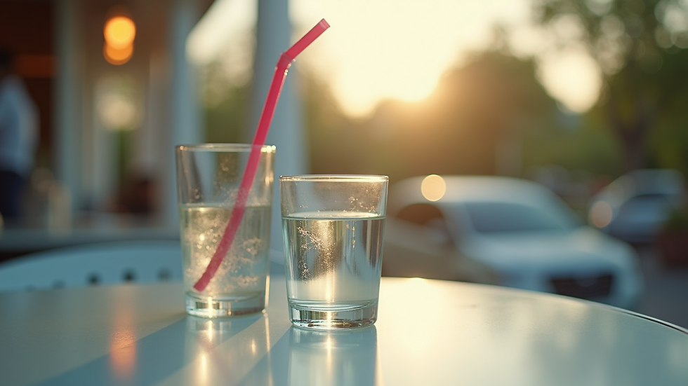 Eye-level view of a glass of water on a table with a colorful straw