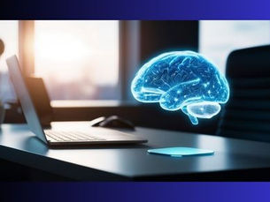 Futuristic brain graphic beside a laptop on an office desk