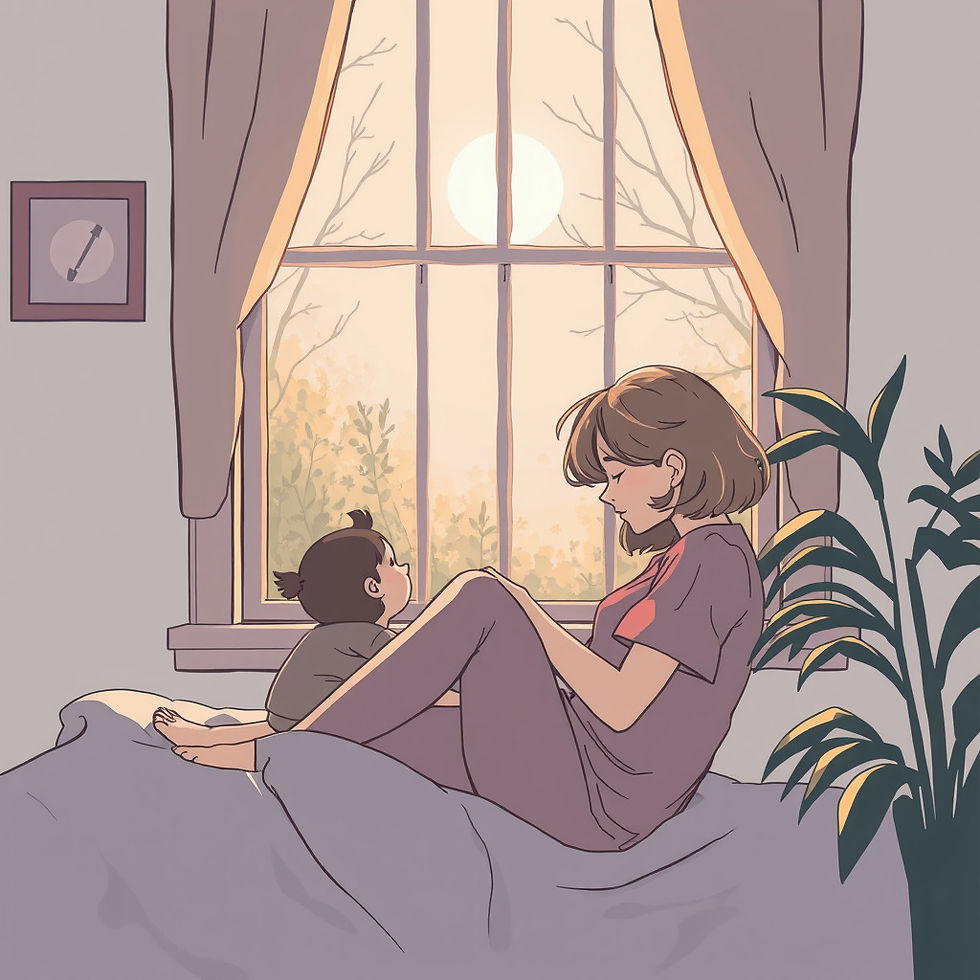 Caregiver and child sitting by a window at sunrise.