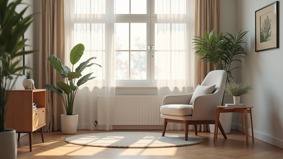 High angle view of a therapy office with a comfortable chair and calming decor