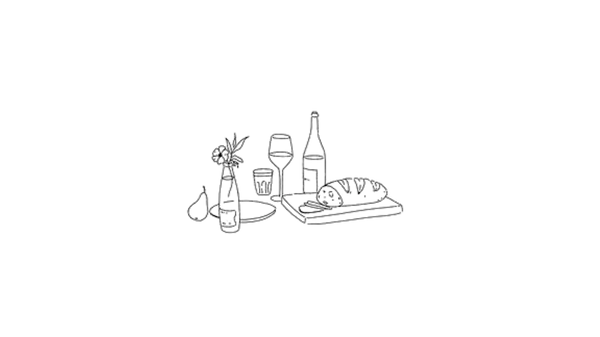 Black and white illustration of bread, wine, and glasses.