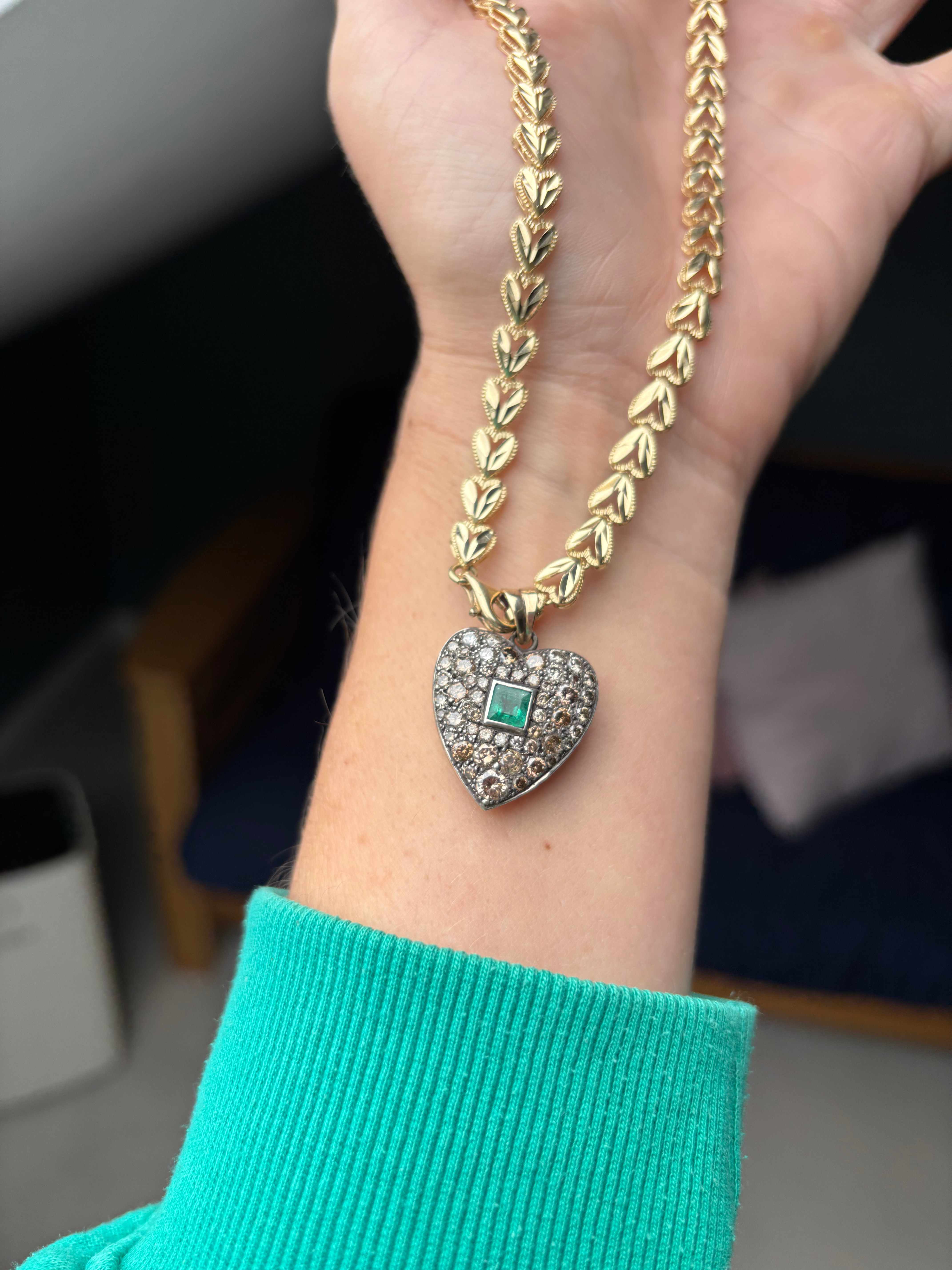 15ct and silver set diamond emerald heart 