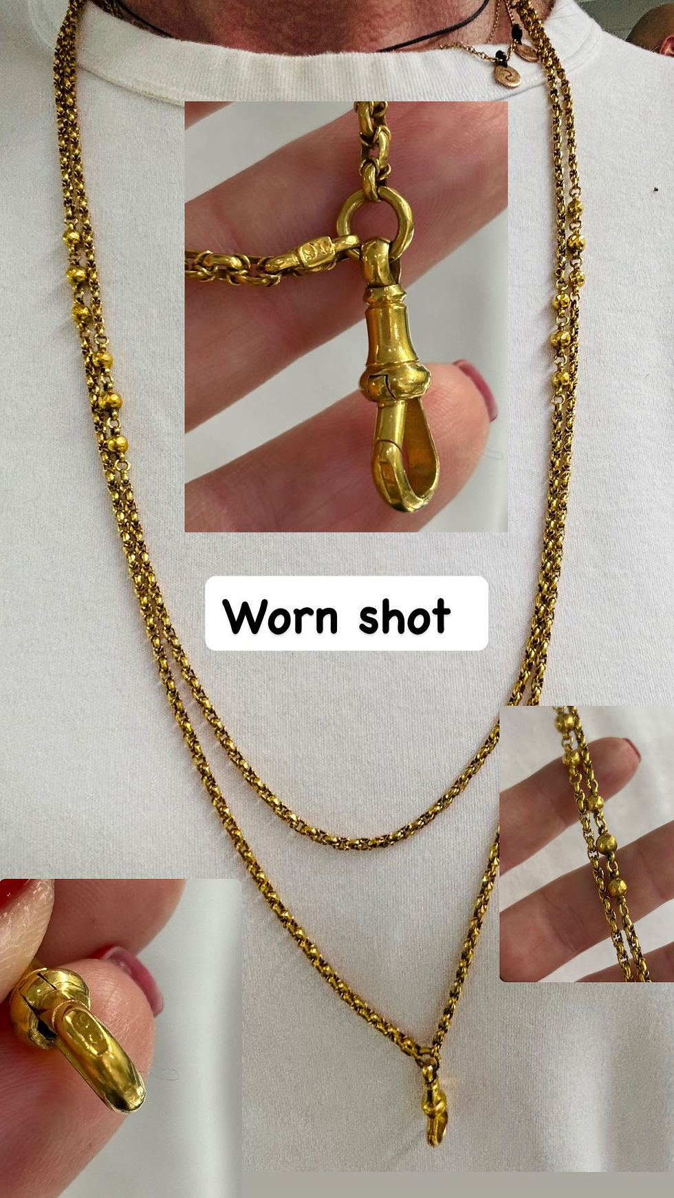 Thumbnail: Antique 9ct buttery yellow mariner ball link guard chain with dog clip 