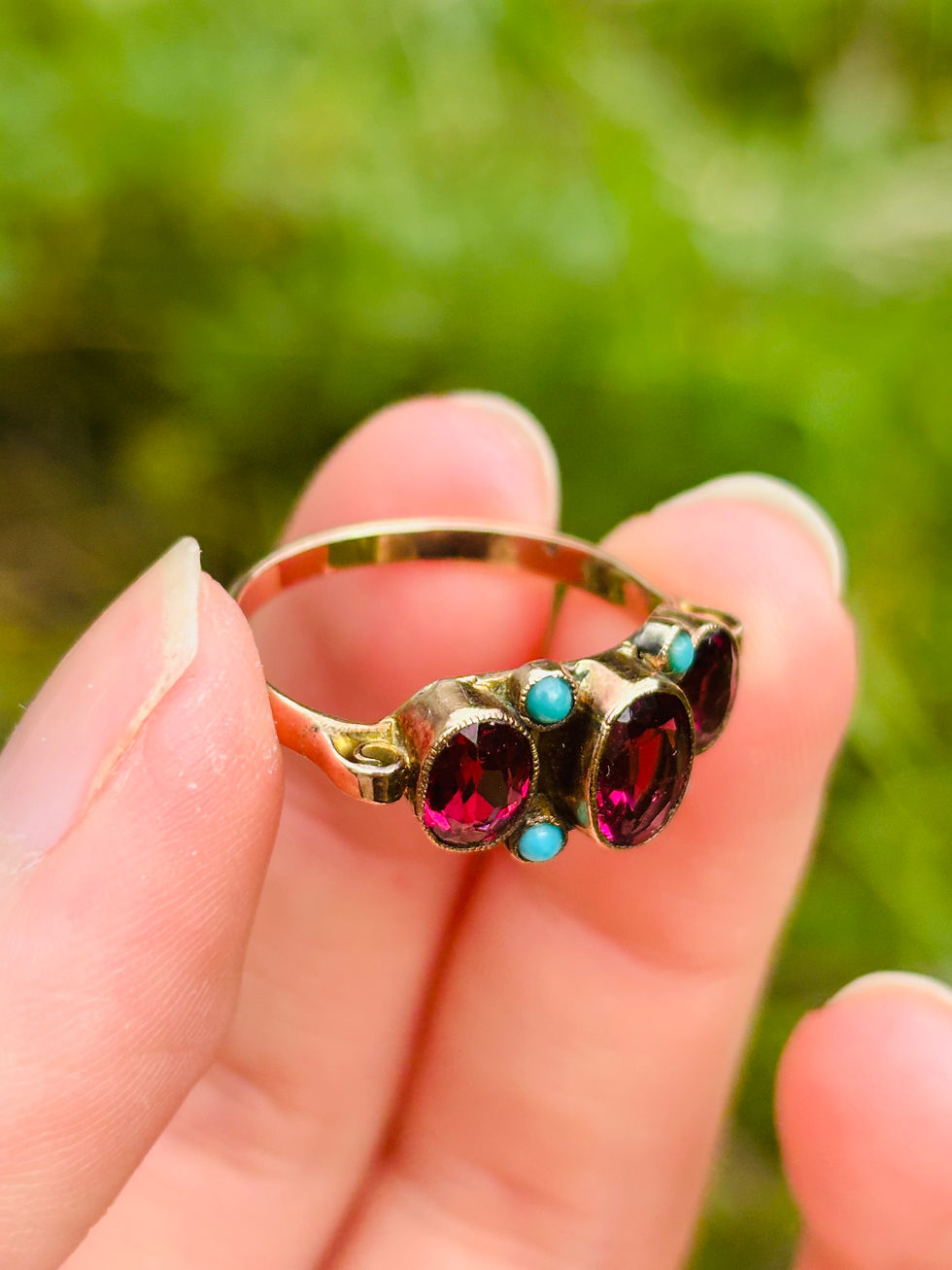 Thumbnail: Antique 9ct rose gold garnet and turquoise ring 