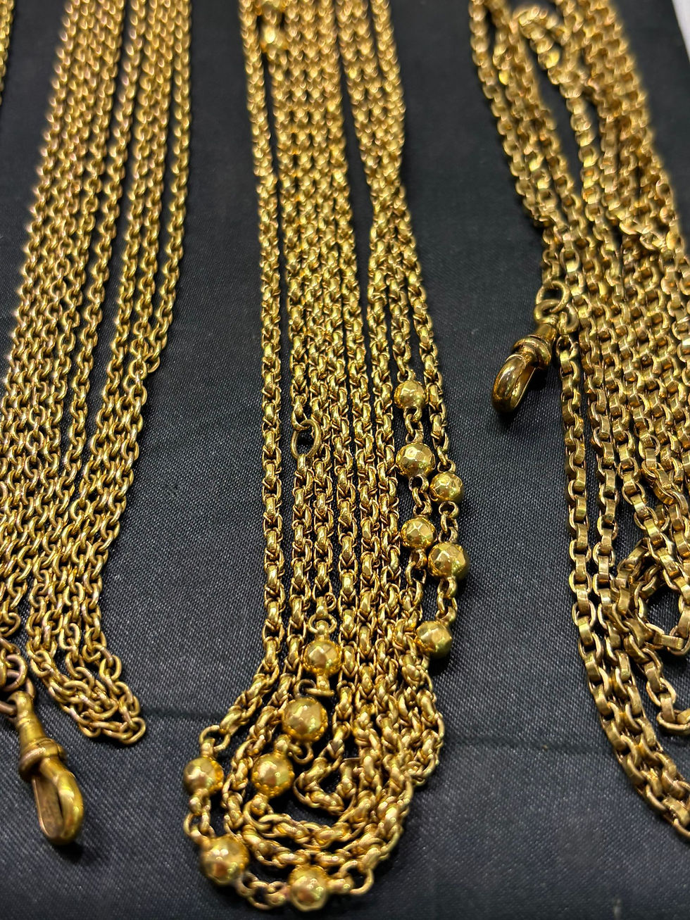 Thumbnail: Antique 9ct buttery yellow mariner ball link guard chain with dog clip 