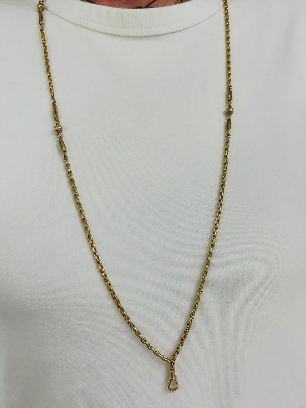 Thumbnail: Antique 9ct yellow guard chain with double trombone and ball links and dog clip 
