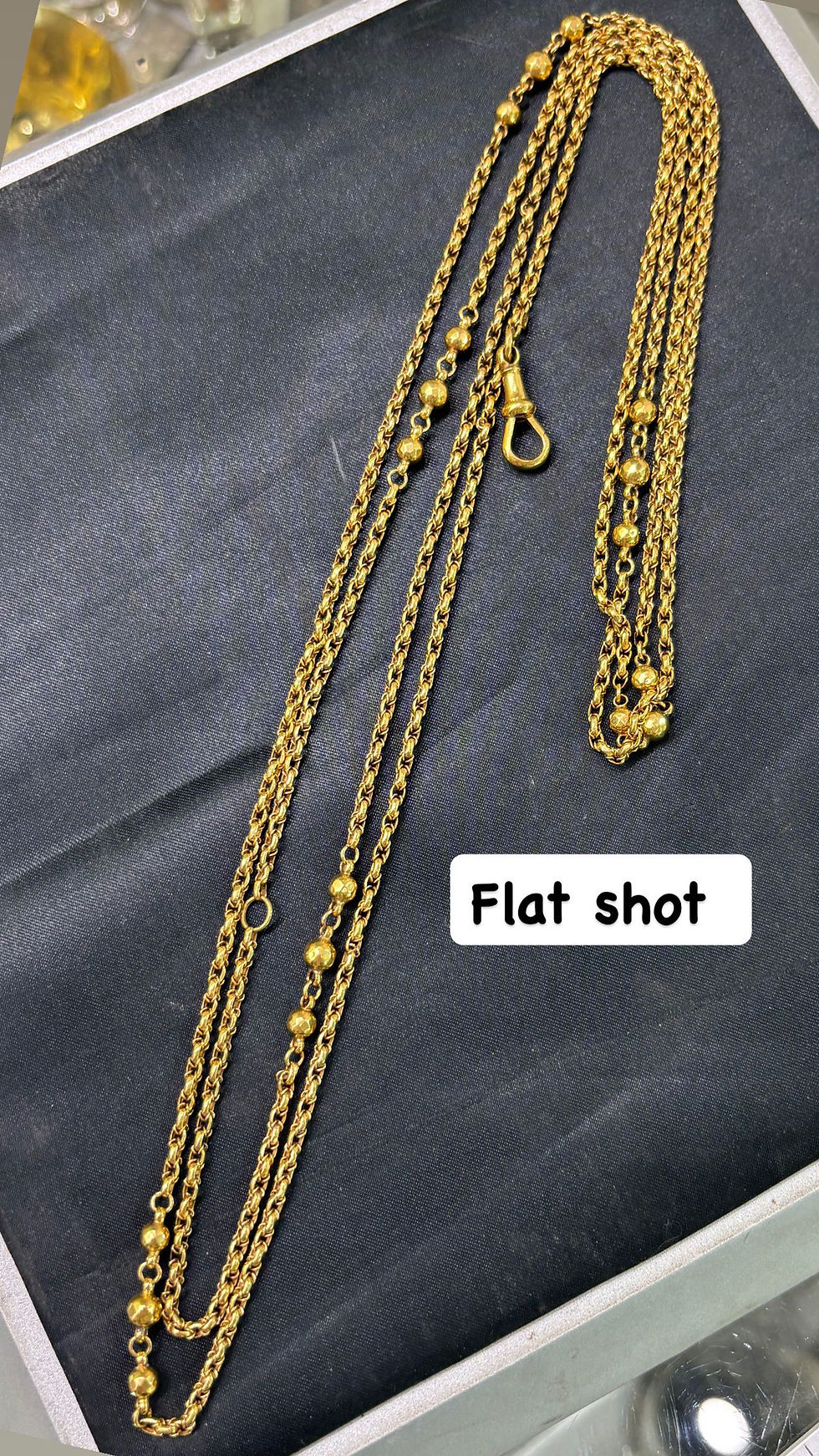 Thumbnail: Antique 9ct buttery yellow mariner ball link guard chain with dog clip 