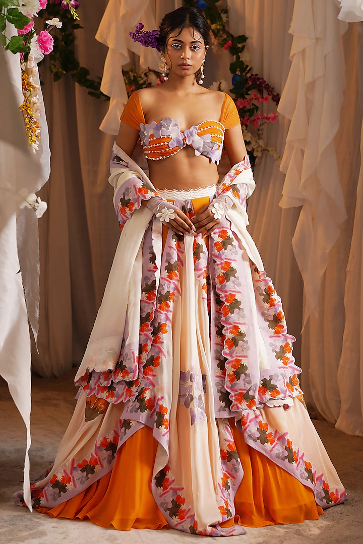 SHWETANGA - Ivory & Tangerine Organza Floret Scarf Lehenga Set