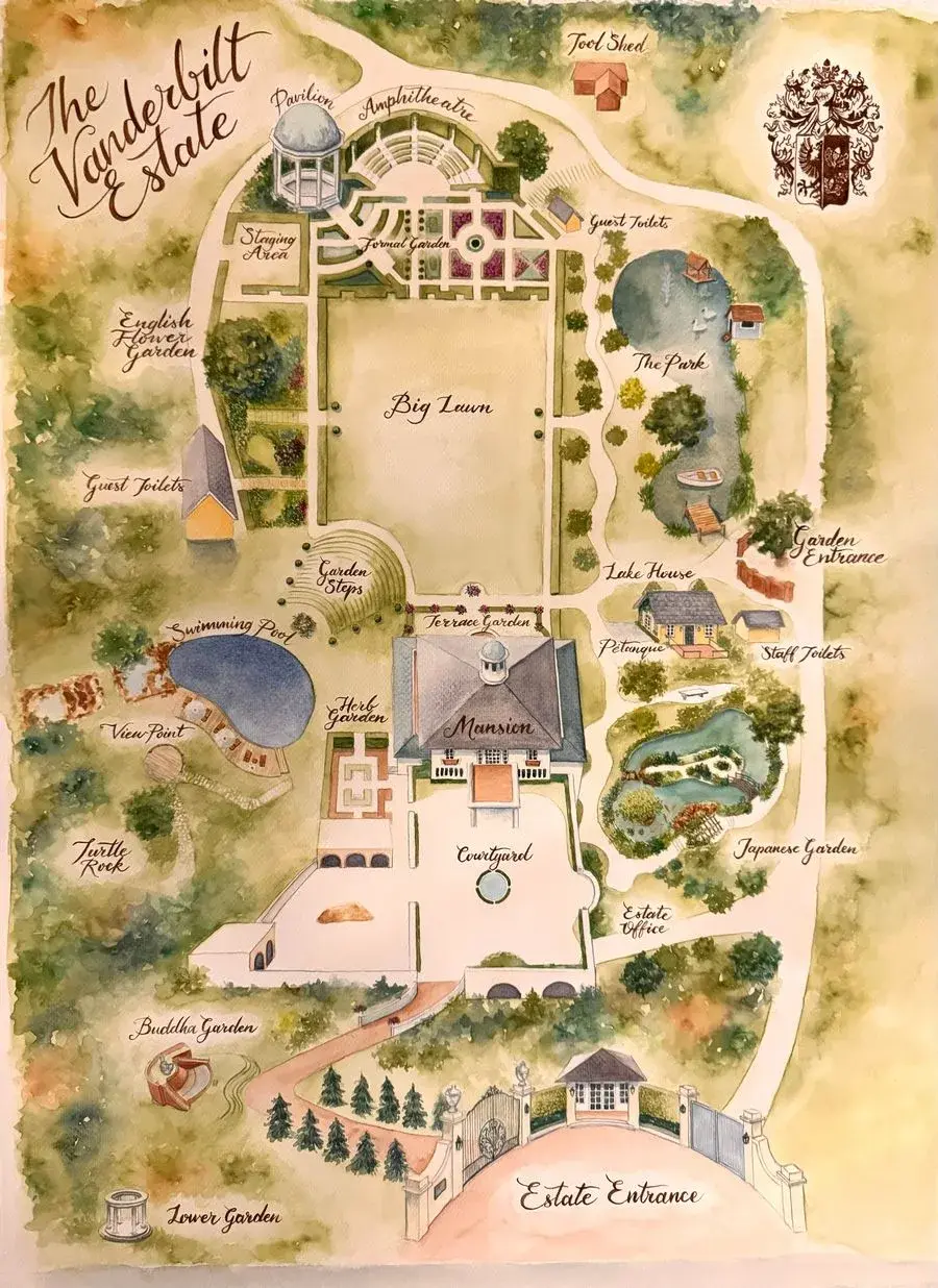 Illustrated map of The Vanderbilt Estate with labeled areas including a mansion, gardens, a pool, lake house, and amphitheater.