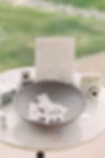 Polaroid camera, photos in a gray bowl on a round table. Sign reads "In lieu of a guest book," inviting photo-taking. Bright, casual setting.