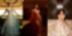 Priyanka Chopra in elegant outfits: one in a blue bejeweled dress on a balcony, one in a peach ensemble indoors, and one in a floral gown seated.