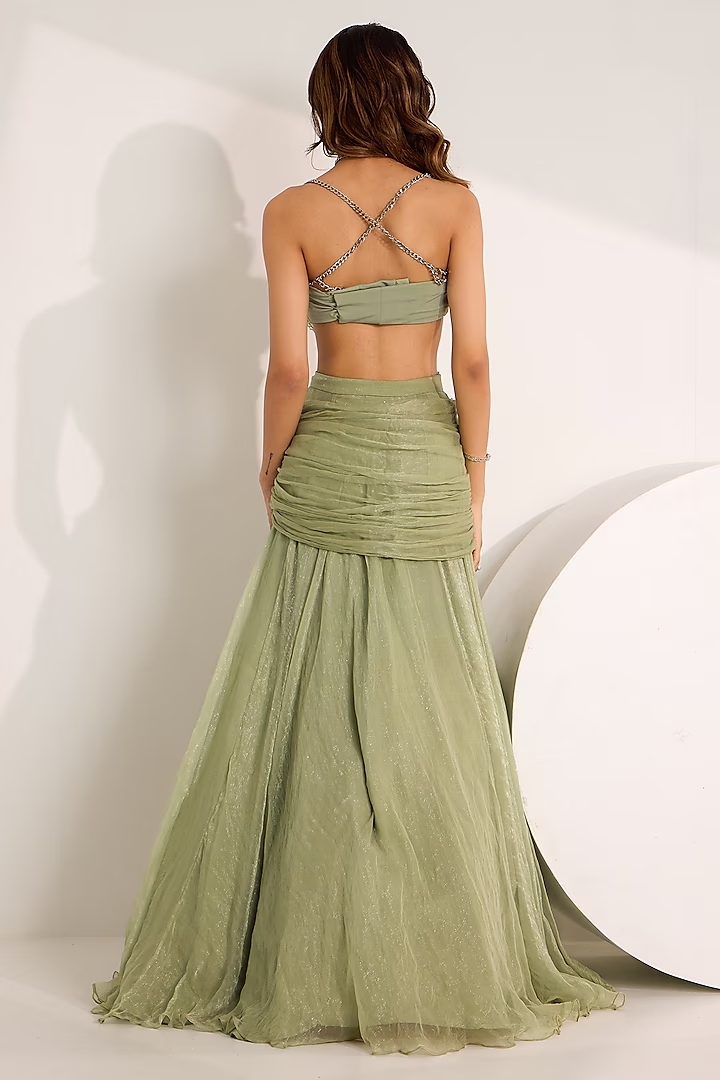 SILKY BINDRA - Mint Green Shimmer Chiffon Crystal Embroidered Cowl Skirt Set