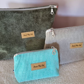 Trousses de toilette de voyage en velours côtelé vert, gris et turquoise, cousues main