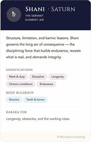 Shani Saturn graha, The Servant, Element Air. Vedic astrology reference card showing significations: work and duty, discipline, longevity, chronic conditions, endurance. Body rulership: muscles, teeth and bones. Karaka for longevity, obstacles, and the working class. Moondance Astrology