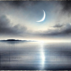 Pisces New Moon over dark still water with soft silver light reflecting across the surface, evoking depth, stillness, and introspection