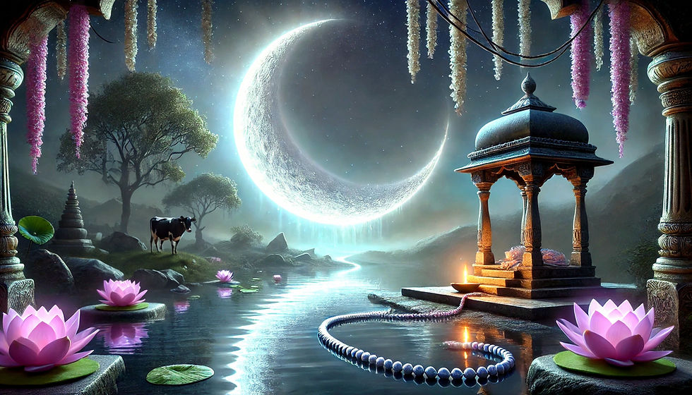 AA tranquil, moonlit night scene with a thin, glowing crescent Moon over a reflective pool. An ancient stone temple rests among flowering trees and lotuses. Vedic symbols—an oil lamp, mala beads, and an offering bowl—enhance the serene, spiritual atmosphere.