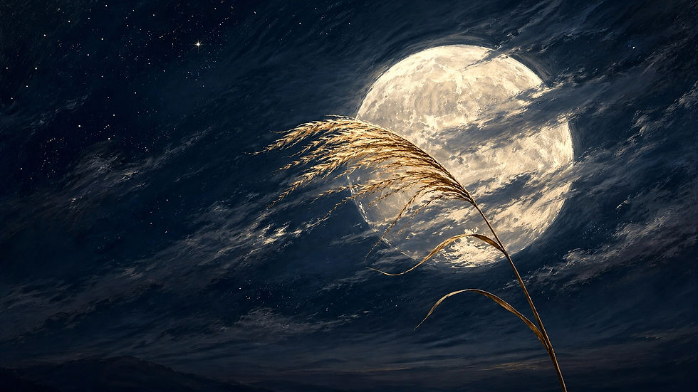Golden blade of grass bending in night wind beneath a full moon, Swati nakshatra Vedic astrology