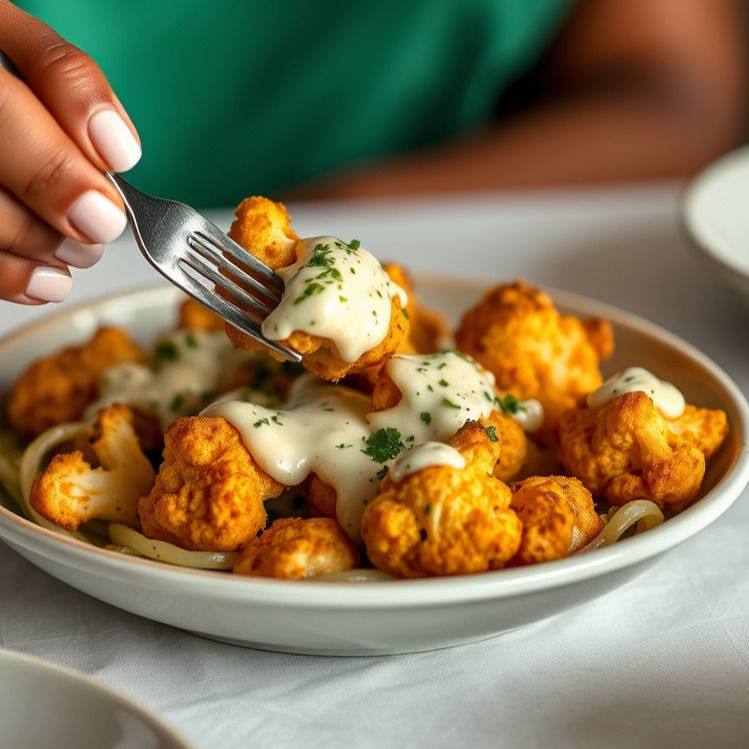 an African American woman picking up a peice of cauliflower with fork